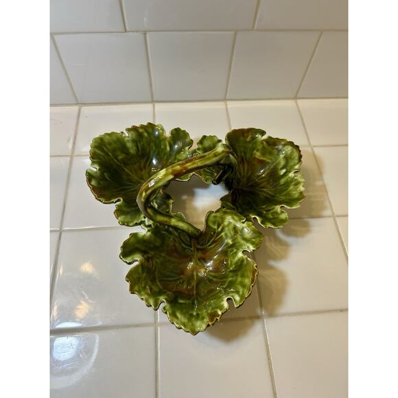 Vintage MCM Style 3 Leaves Handled Candy Dish Greens Browns Mullins Ceramics‎ KY - Picture 3 of 7